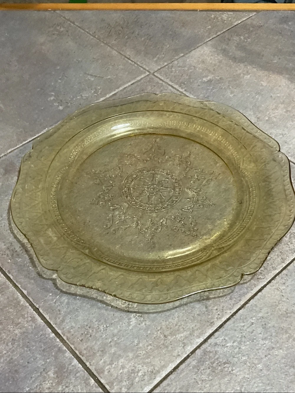 Rare yellow depression glass dinner plate.- Elegant Table Accent
